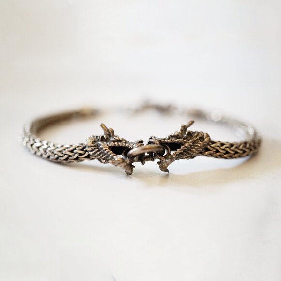 Sterling Silver Dragon Head Toggle Bracelet – Vintage 925 Braided Mesh Chain - Picture 3 of 6